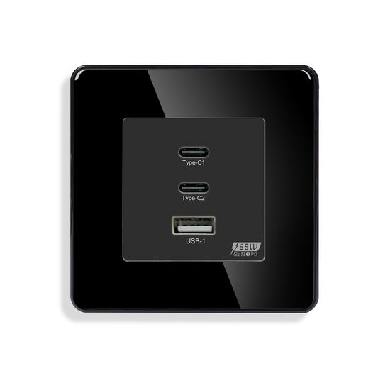 GaN3 PD 65W Super Fast Charging Socket – USB-C + USB-A Glass Panel Wall Outlet