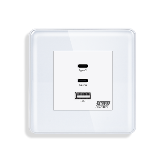 GaN3 PD 65W Super Fast Charging Socket – USB-C + USB-A Glass Panel Wall Outlet